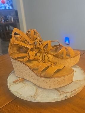 Nwob Frye Women's Tan Lace-Up Cork Platform Wedge Sandals Size 6.5